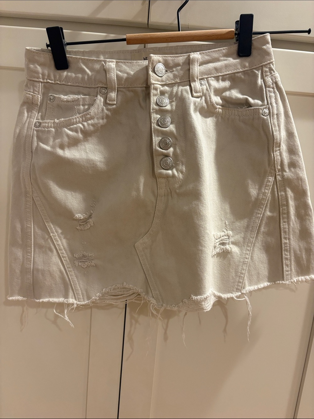 Distressed Cream Denim Mini Skirt - Button Front